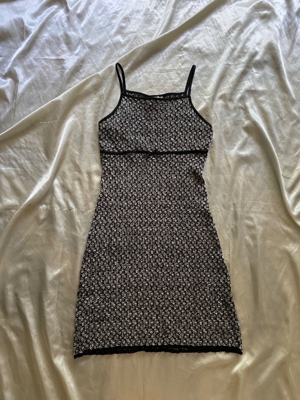 Vintage 1990s Black Silver Mini Dress Bow Mod Grunge Small